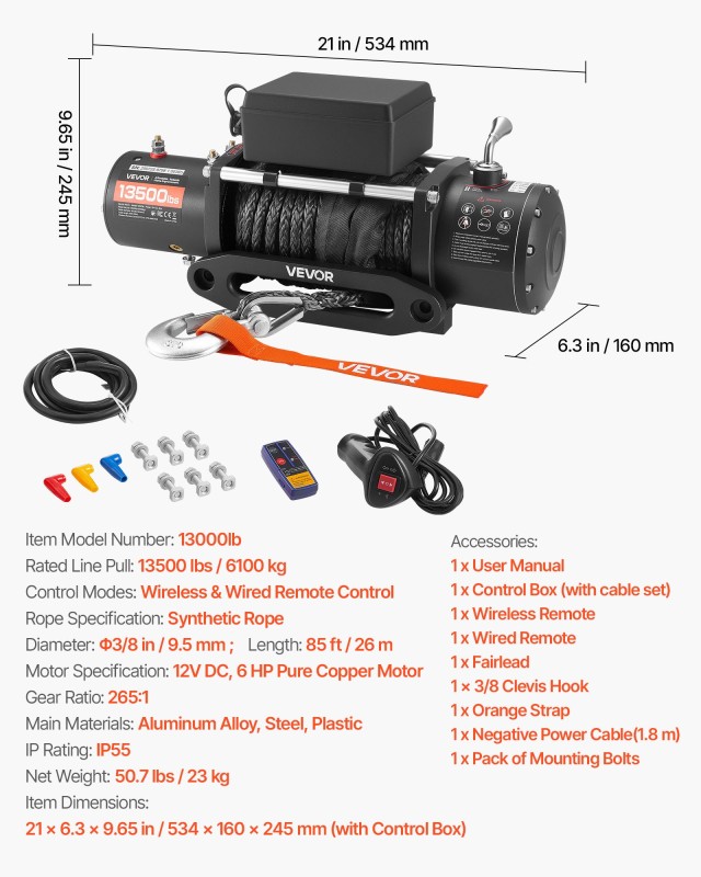 VEVOR Ηλεκτρικός Γερανός 12V για 6100 kg, με Συνθετικό Σχοινί και Α...