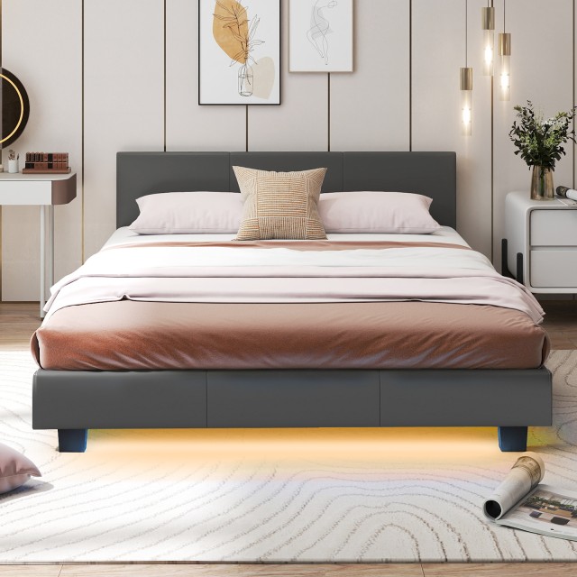 Costway 140 x 200 cm Κρεβάτι με LED Φωτισμό Υφασμάτινο Κρεβάτι με Τ...