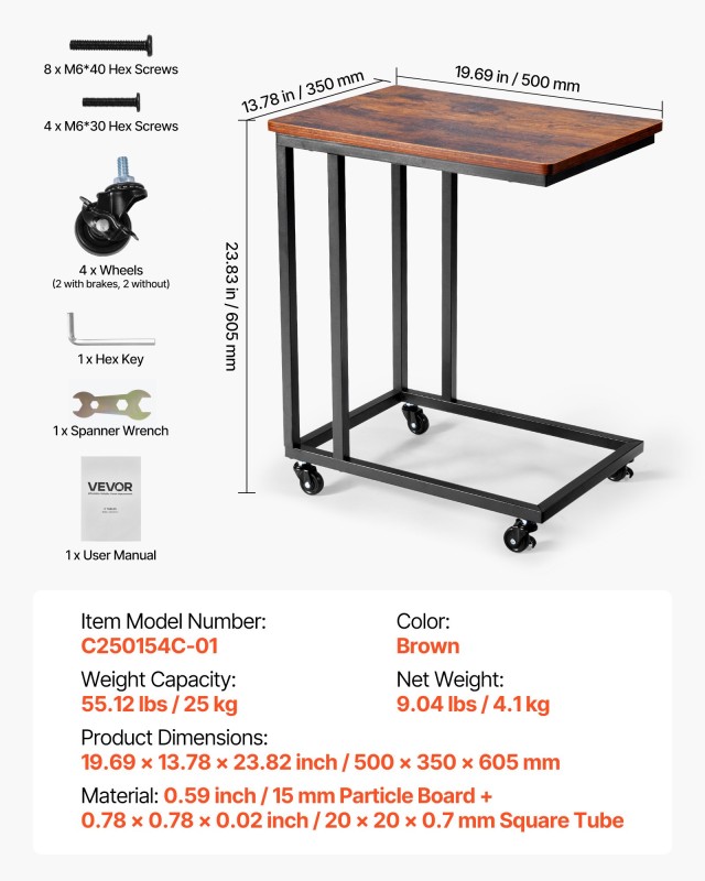 VEVOR Πρακτικό Τραπεζάκι Καναπέ C Σχήματος 50 x 35 x 60,5 εκ CZ1JT1...