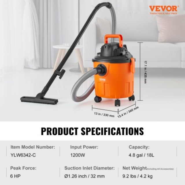 VEVOR Υγρού/Ξηρού Σκούπα 18L 6 HP με Ακροφύσια Πορτοκαλί  SYGSZKXCQ18L3GOPZV2
