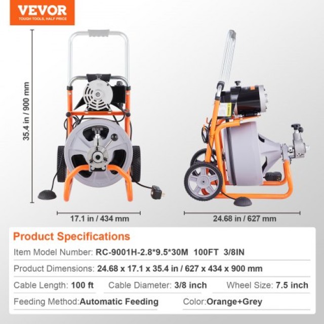 VEVOR Μηχανή Καθαρισμού Αποχέτευσης 30m x 9.5mm με Αυτόματη Τροφοδοσία & 8 Κοπτήρες  ZDJJKLSGDSTJXUXC0V2