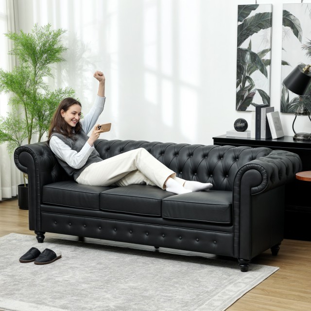 HOMCOM Τριθέσιος Καναπές Στυλ Chesterfield Καπιτονέ με Ενσωματωμένα Ελατήρια, Συνθετικό Δέρμα, 213x86x79 εκ., Μαύρο 83B-246V00BK