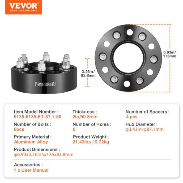 VEVOR Αποστάτες Τροχών 6x5.3 6 Λουγ 4 Τεμ Μαύρο  LSSFLP2YC6X5CPXDCV0