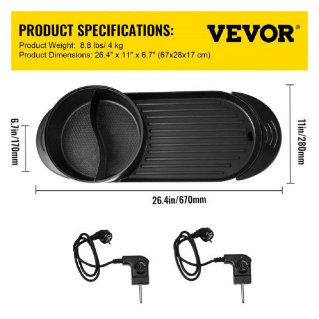 VEVOR 2 σε 1 BBQ Πλάκα & Κατσαρόλα με Διαχωριστικό, Πολυλειτουργική Ηλεκτρική Ψησταριά & Κατσαρόλα, Μαύρο  DGNH2400W220VI5LXV2