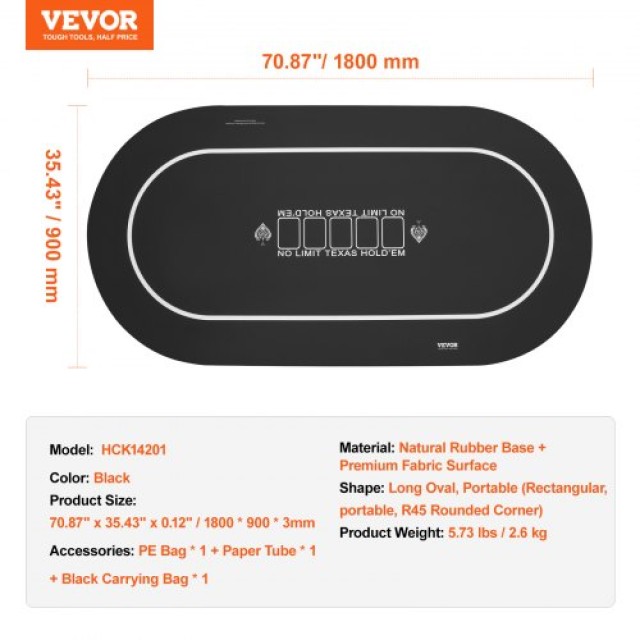 Πτυσσόμενο Τραπέζι Πόκερ VEVOR 70x35 εκ. για 6-8 Παίκτες με Τσάντα Μαύρο  PKZD705X355I3ZS3SV0