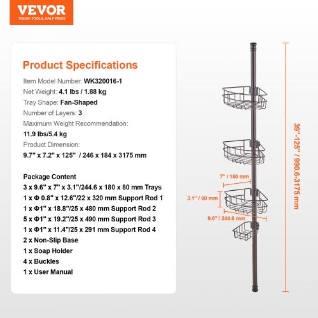 VEVOR  Γωνιακή Ράβδος Ντους 39-125 Αντοχής στη Σκουριά  SCTPQTSBXGK...