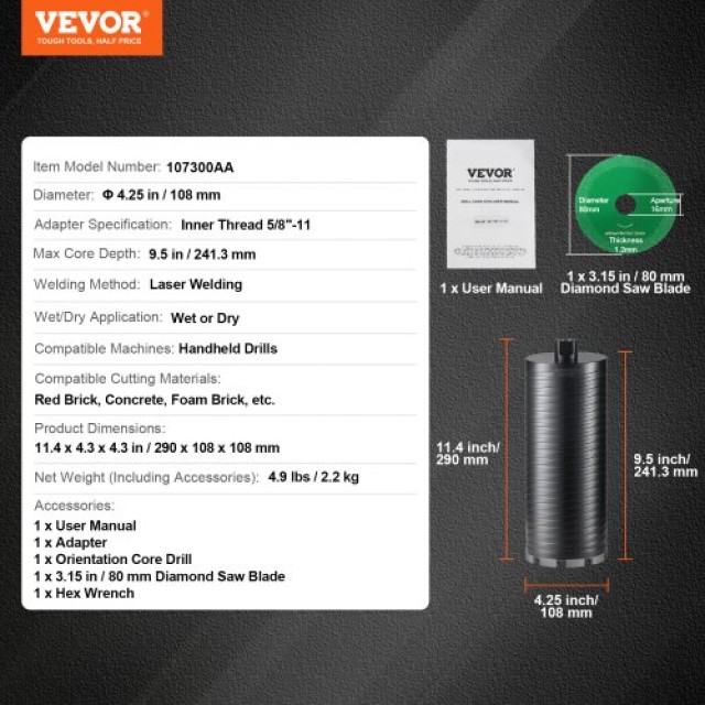 VEVOR Διαμαντοκορώνα 4.25 για Υγρή/Ξηρή Διάτρηση, 9.5 Βάθος, 5/8-11...