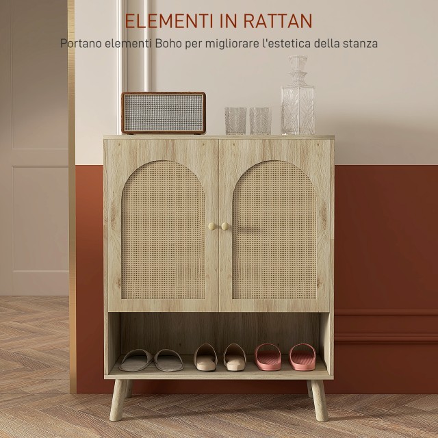 Ντουλάπι πολλαπλών χρήσεων HOMCOM σε στυλ Boho με πόρτες από ρατάν και ανοιχτό ράφι, 80x38x100cm, δρυς 839-912V00AK