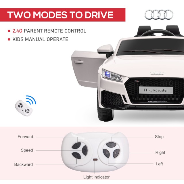 HOMCOM Ηλεκτρικό αυτοκίνητο για παιδιά 3-5 ετών AUDI TT με τηλεχειριστήριο, ανοιγόμενες πόρτες και προβολείς LED, λευκό 370-079V90WT
