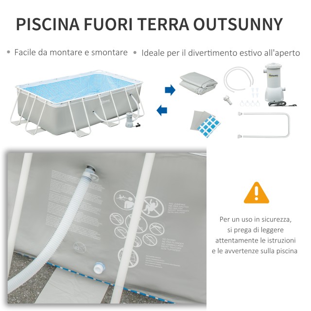 Outsunny Ορθογώνιος Κήπος Υπέργεια Πισίνα με Αντλία Φίλτρου και Ατσάλινο πλαίσιο, 340x215x80cm, Γκρι 848-033