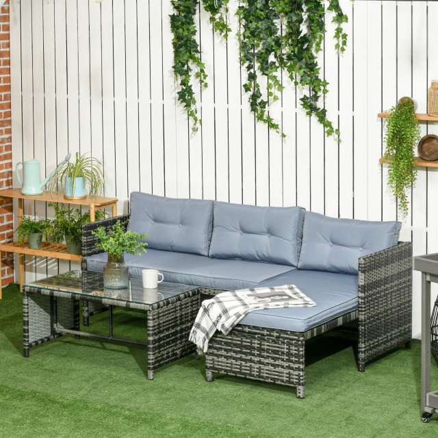 Σετ σαλονιού Outsunny Garden με Loveseat, Chaise Longue και PE Rattan Τραπεζάκι σαλονιού με μαξιλάρια, γκρι 860-121V00GY