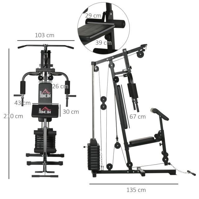 HOMCOM Multifunction Fitness Station Power Tower με βάρη έως 45 κιλά και πάγκο με επένδυση, 135x103x210 cm A91-177
