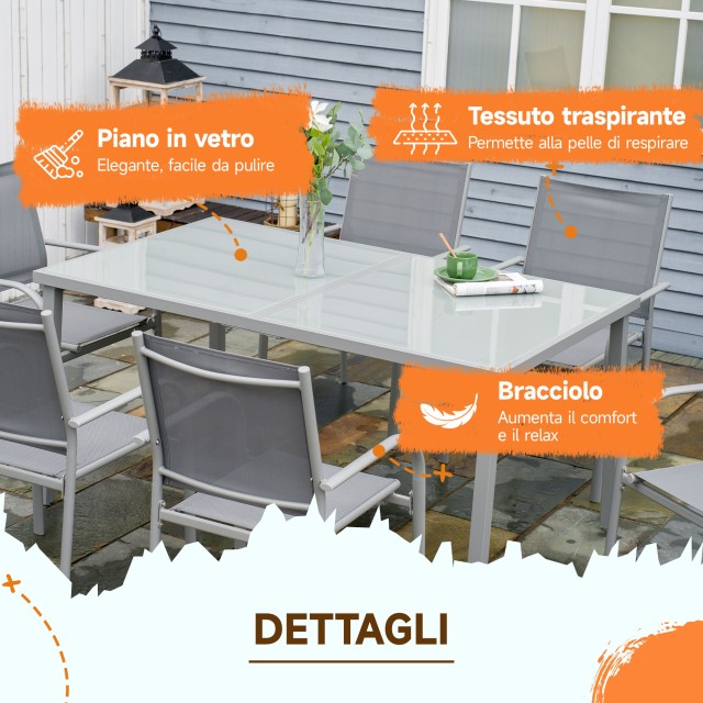Σετ κήπου Outsunny με Τραπέζι από σκληρυμένο γυαλί και 6 καρέκλες με διχτυωτό ύφασμα, γκρι 84G-039V00GY