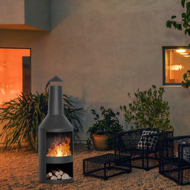 Outsunny Metal Garden Fire Pit με τζάκι, κούτσουρο και πόκερ, Φ44,5x133cm, Μαύρο 842-249