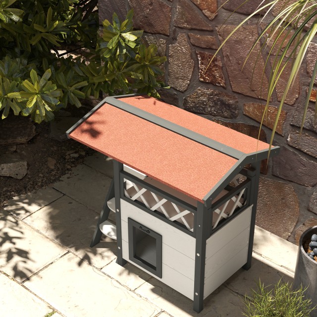 PawHut Outdoor Cat House με Βεράντα και Ξύλινη Σκάλα, 77x50x73cm, Λευκό και Γκρι D30-076V02WT