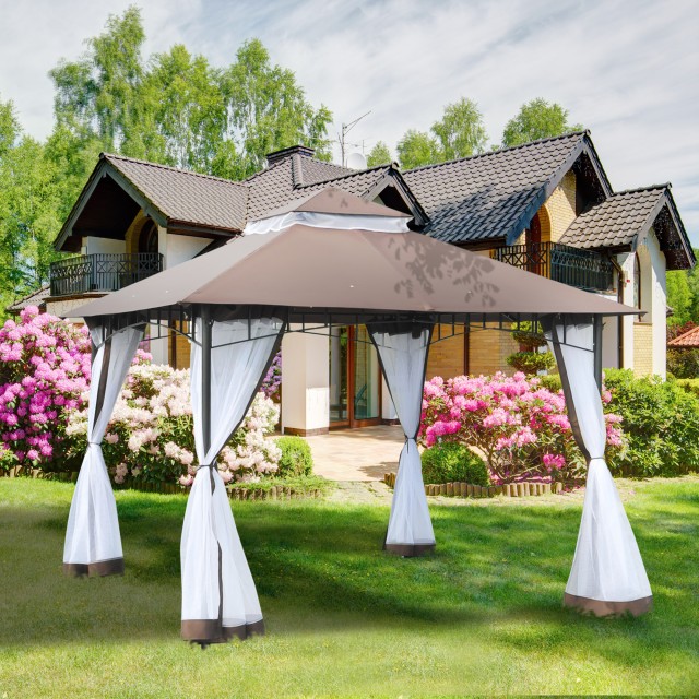 Outsunny Garden Gazebo 3x3m με κουνουπιέρα, πολυεστερική κατασκευή στέγης 2 επιπέδων σε καφέ μέταλλο 84C-010CF
