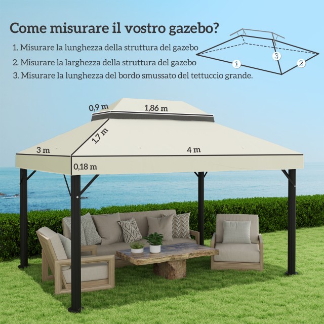 Outsunny  Κάλυμμα για Κιόσκι Κήπου 3x4 μ με 2 Επίπεδα από Ύφασμα Oxford 600D με Οπές Αποστράγγισης, Λευκό Κρεμ.  84C-535V00CW