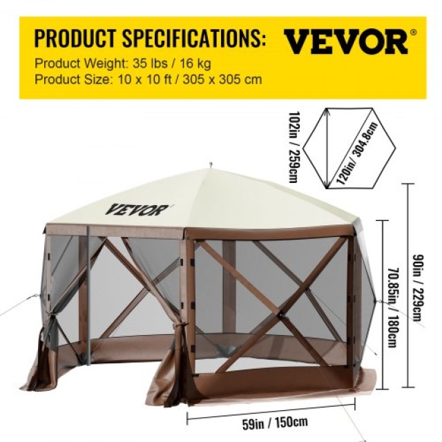 VEVOR Σκηνή Gazebo 10x10 ft, 6 Πλευρών Pop-up Σκηνή με Δίχτυα, Φορητή Τσάντα Μεταφοράς, Πασσαλάκια, Μεγάλη Σκιά για Κάμπινγκ και Κήπο  MZY610FT10FT67P5KV0