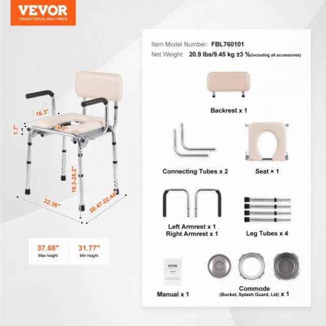 VEVOR Καρέκλα Τουαλέτας με Ρυθμιζόμενο Ύψος και Αφαιρούμενο Κάδο  WLKBS350BGRZ6CIGBV0