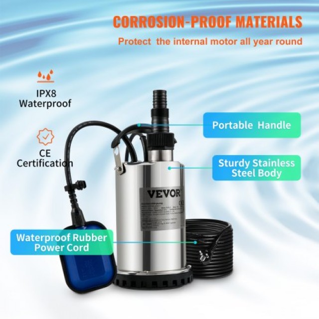 Υποβρύχια Αντλία VEVOR 550W, 9500L/H με Αυτόματο Φλοτέρ, Ανοξείδωτη...