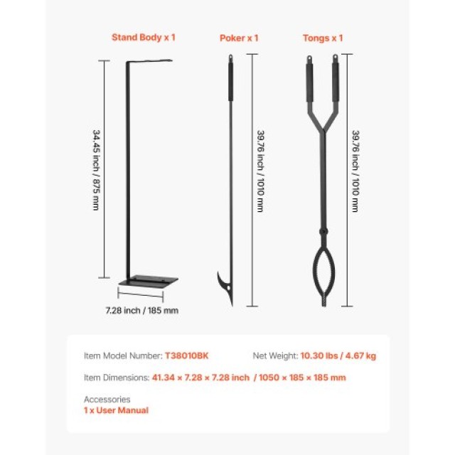 VEVOR Σετ Εργαλείων Τζακιού 3 Τεμαχίων με Βάση, Λαβίδες και Πόκερ Σ...