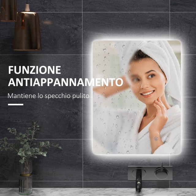 Kleankin Καθρέφτης Μπάνιου με Ρυθμιζόμενα Φώτα LED, Διακόπτες Αφής και Λειτουργία Κατά της Ομίχλης, 70x50 εκ. 834-599V00CR