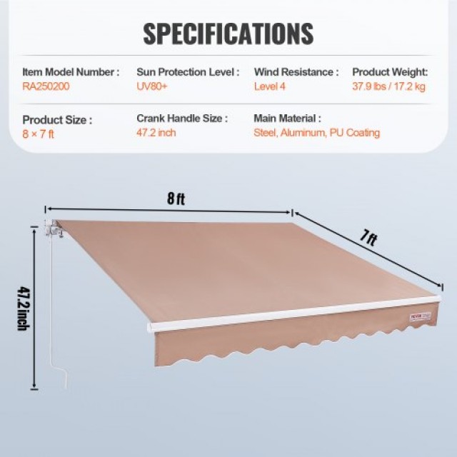 VEVOR Χειροκίνητη Αναδιπλούμενη Τέντα 8x7 ft, Αδιάβροχη Τέντα Βεράντας με Μανιβέλα  SSSZYPKQSQBSGLVEFV0