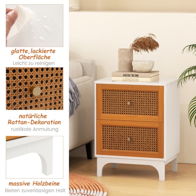 Costway Κομοδίνο Rattan με 2 συρτάρια, βοηθητικό τραπέζι με ξύλινα πόδια 46 x 33 x 59,5 εκ. Λευκό + Καφέ HU10462WH