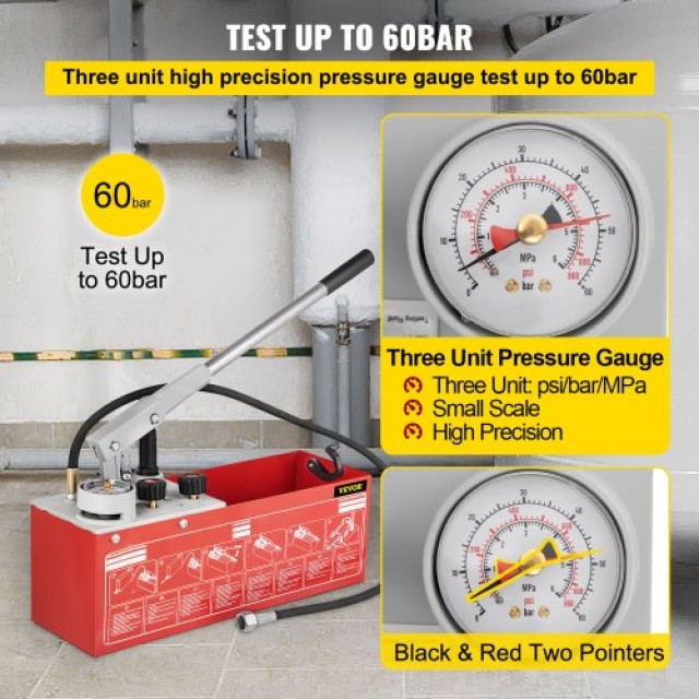 VEVOR Αντλία Υδροστατικής Πίεσης, Έως 60 bar/860 psi, Δοχείο 3.2 Γαλόνια, Υδραυλικός Χειροκίνητος Ελεγκτής Πίεσης Νερού με Μετρητή Τριών Μονάδων & Σύνδεση R 1/2 για Δοκιμή Πίεσης Αγωγών  SYBBDDWC60BARKSPIV0