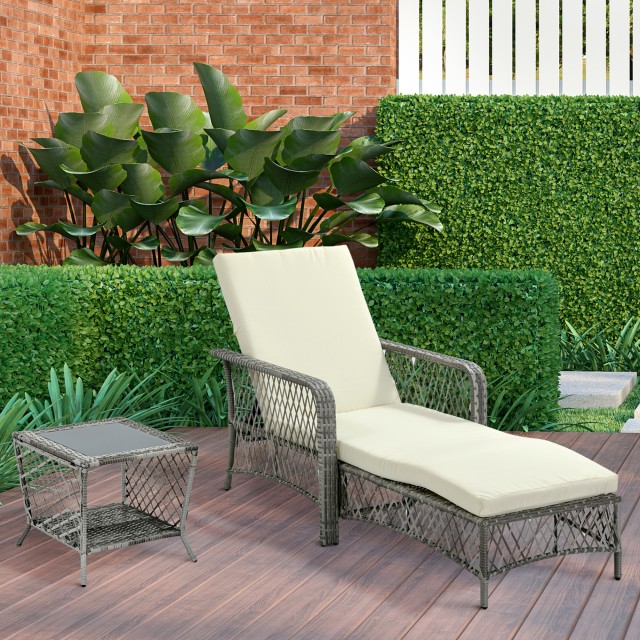 Έπιπλα κήπου Outsunny, Σετ Rattan με ρυθμιζόμενη ξαπλώστρα κήπου και τραπεζάκι σαλονιού 2 επιπέδων 862-054GY