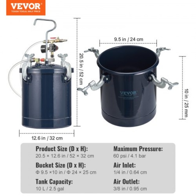 Δοχείο Πίεσης Βαφής VEVOR 10L με 2 Πιστόλια & 2 Μπεκ  PQ10L15MM40MM6P5YV0