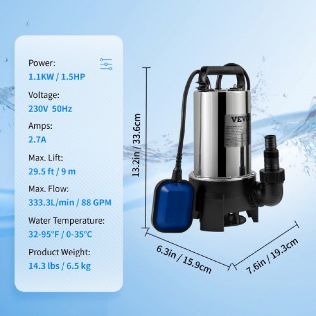 VEVOR Υποβρύχια Αντλία Νερού, 1100W, 20000L/H, με 10μ Καλώδιο και Αυτόματο Φλοτέρ, Ανοξείδωτη για Καθαρό/Βρώμικο Νερό  WSBBX15HP220VF22VV2