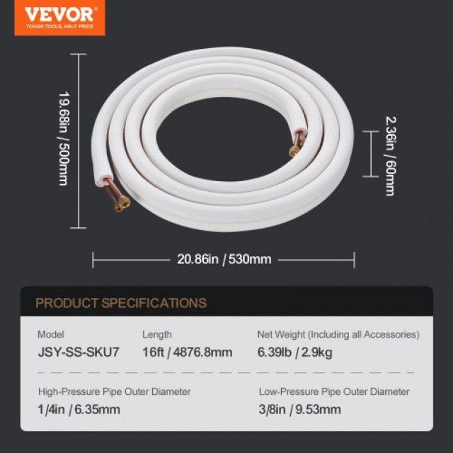 Σετ Σωληνώσεων VEVOR Mini Split 6.4x9.5 x4876.8mm Χαλκός AC με Καλώδιο Σύνδεσης  KDLJGTJ14INCM0ASYV0