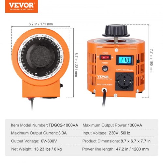 VEVOR 1000VA Μεταβλητός Μετασχηματιστής 3.3A 0-300V Ρυθμιστής Τάσης LCD CE  KBBYQYJPS100JW8L0V2