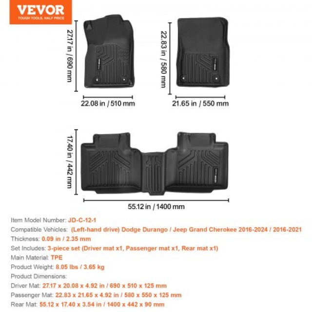 VEVOR  Πατάκια Αυτοκινήτου Dodge Durango/Jeep Grand Cherokee 2016-2024  SUVDBDDQDURAQXSVRV0