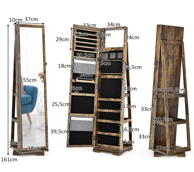 Ξύλινη Περιστρεφόμενη Κοσμηματοθήκη Μπιζουτιέρα με Ολόσωμο Καθρέπτη...