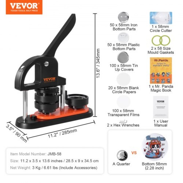 Μηχανή Κατασκευής Κουμπιών VEVOR, 58mm, με 100 τεμ. και Κόφτη  SLKXZJ58MM100NXJ1V0