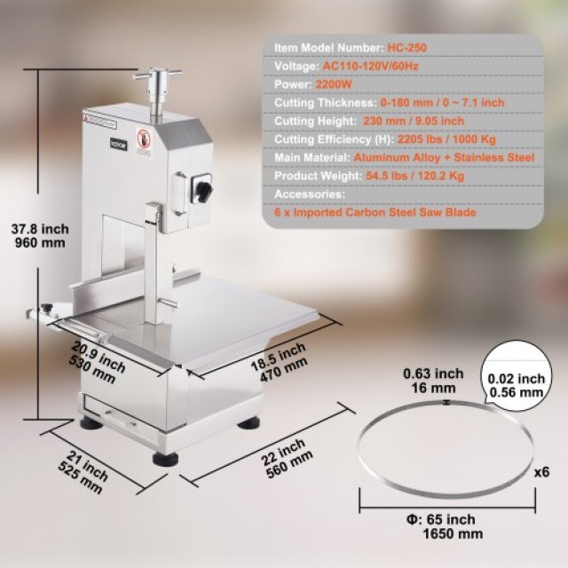 VEVOR 2200W Επαγγελματικό Ηλεκτρικό Πριόνι Κρέατος Ανοξείδωτο Ατσάλι  TSJGJ2200W418LAWMV2