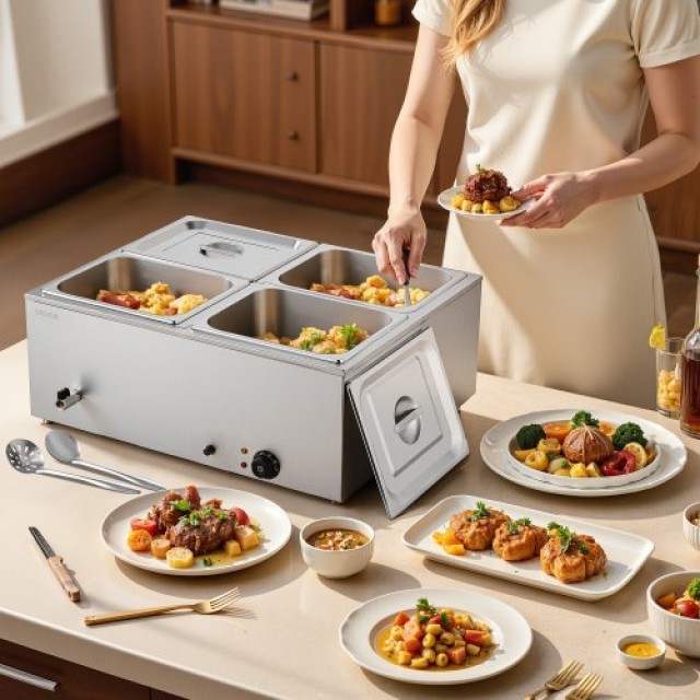 VEVOR Μπεν Μαρί 4 Θέσεων 1500W Επιτραπέζιο Ζέσταμα Τροφίμων με Καπά...