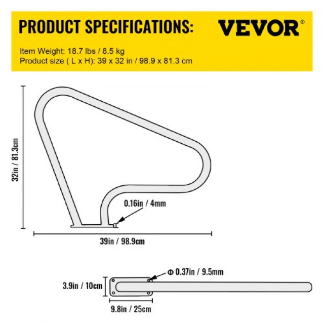 VEVOR Σιδηρόδρομος Πισίνας 39x32 Ανοξείδωτος Χάλυβας 250LBS Ασημί Αντιδιαβρωτική Χειρολαβή με Μπλε Κάλυμμα & Τρυπάνι M8 & Βίδες Αυτοκοπής  BXGYCFS3W39X32YC1V0