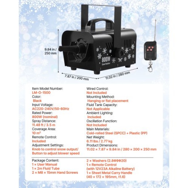 VEVOR Μηχανή Τεχνητού Χιονιού 1500W με Ασύρματο Χειριστήριο XHJXP15...