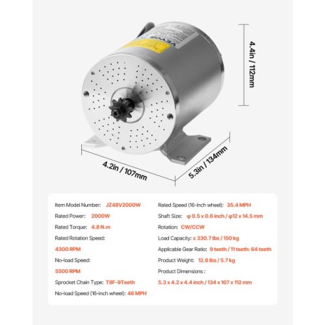 VEVOR Σετ Ηλεκτρικού Κινητήρα 2000W 48V 4300rpm & Ελεγκτής Ταχύτητας ZLWSDJTJ2000EEQF3V9
