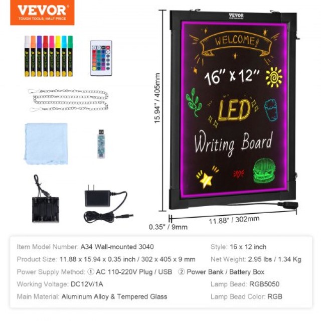 Πίνακας Μηνυμάτων LED VEVOR 16x12 Φωτιζόμενος Γράψιμο & Σβήσιμο  LE...