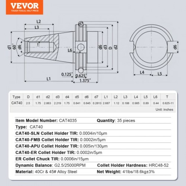 VEVOR  Σετ Κολετών CAT40 ER16/32, 35 τεμ., με Βάσεις Εργαλείων SLN FMB ER16/32 APU, 10 Πείρους και 3 Κλειδιά, για Φρέζες και Τρυπάνια CATDBCAT40ERJEC38V0