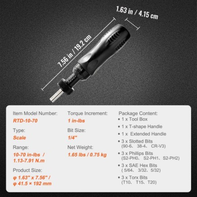 VEVOR  Ρυθμιζόμενο Κατσαβίδι Ροπής 1/4 10-70 in/lb με Βήμα 1 in-lb NJLSDKDKY1070TJWYV0