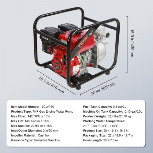VEVOR Βενζινοκίνητη Αντλία Νερού 2 7HP 4-Χρονών RYFDJSBYCYC27O63FV0