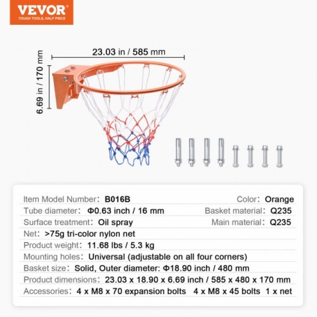 VEVOR Στεφάνι Μπάσκετ Τοίχου/Πόρτας, Αντικατάσταση Στεφάνης με Δίχτυ, 18 Εσωτερικού & Εξωτερικού Χώρου  LK18CBZKFTSTI4VGNV0