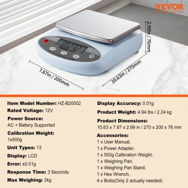 Ζυγαριά Ακριβείας VEVOR 2000g x 0.01g με 13 Μονάδες Μετατροπής  SYSCHTP001G2GXTCOV2