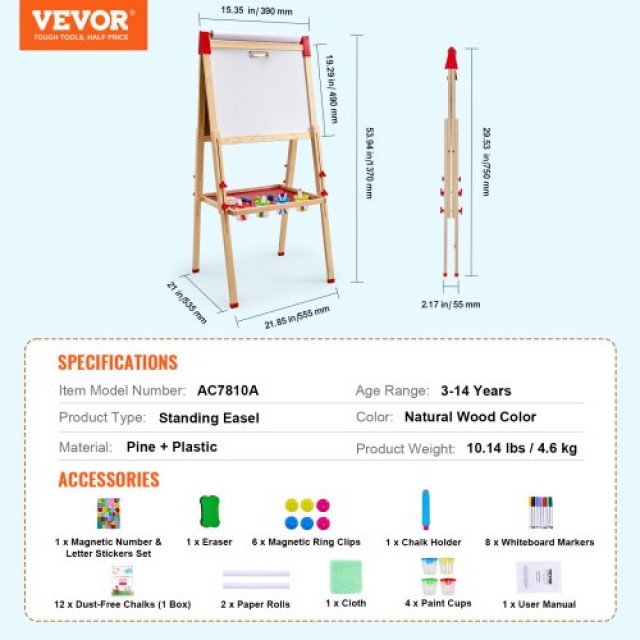 VEVOR  Παιδικός Πίνακας Ζωγραφικής Διπλής Όψης Μαγνητικός Ξύλινος  ZLSKZLSSMYGDVVFVNV0