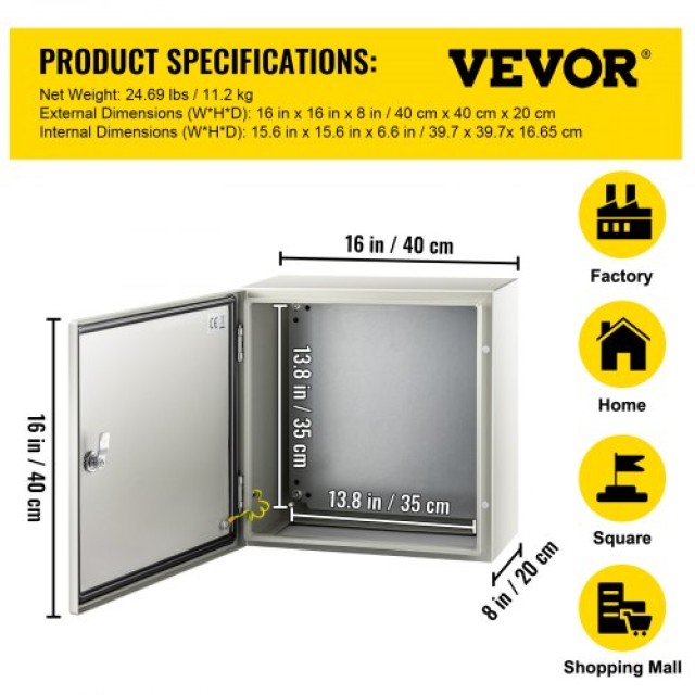 VEVOR NEMA Χαλύβδινο Κουτί 16x16x8 NEMA 4X, IP66 Αδιάβροχο & Ανθεκτικό στη Σκόνη, Εξωτερικού/Εσωτερικού Χώρου, με Πλάκα Στήριξης  DQXJSTCFS40X40X20V0